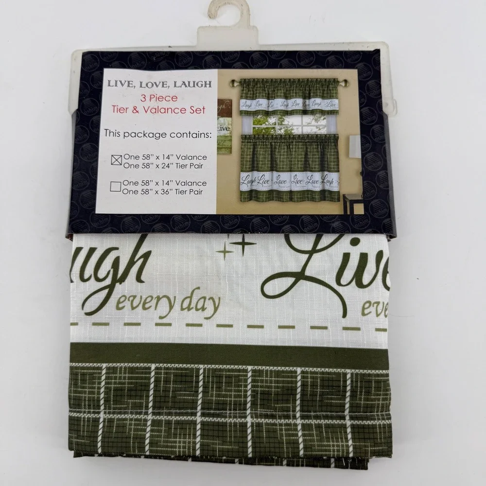 Achim Live Love Laugh 3 Piece Kitchen Curtain Tier & Valance Set Green Plaid 24